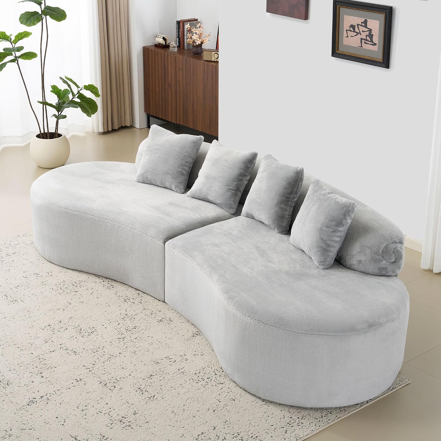 Grey Plush Curved Modular Sectional Sofa