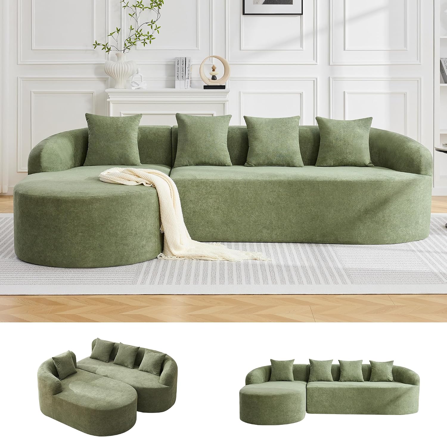 Green Curved L‑Shaped Cloud Sectional Sofa