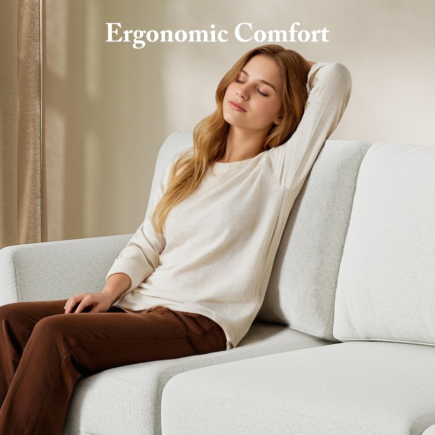 Beige Mid‑Century Deep‑Seat 3‑Seater Sofa