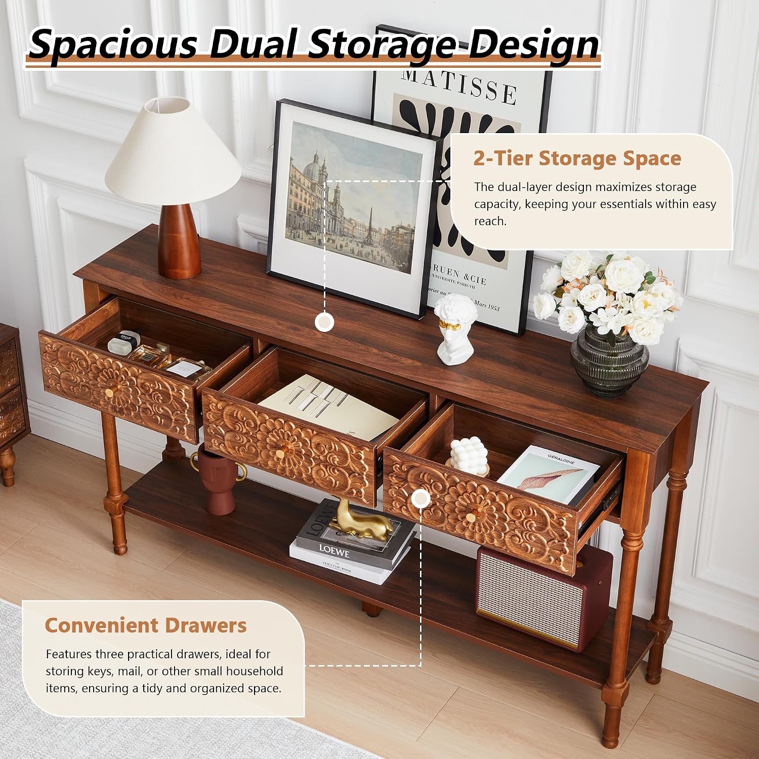 Carved Walnut Storage Console Table
