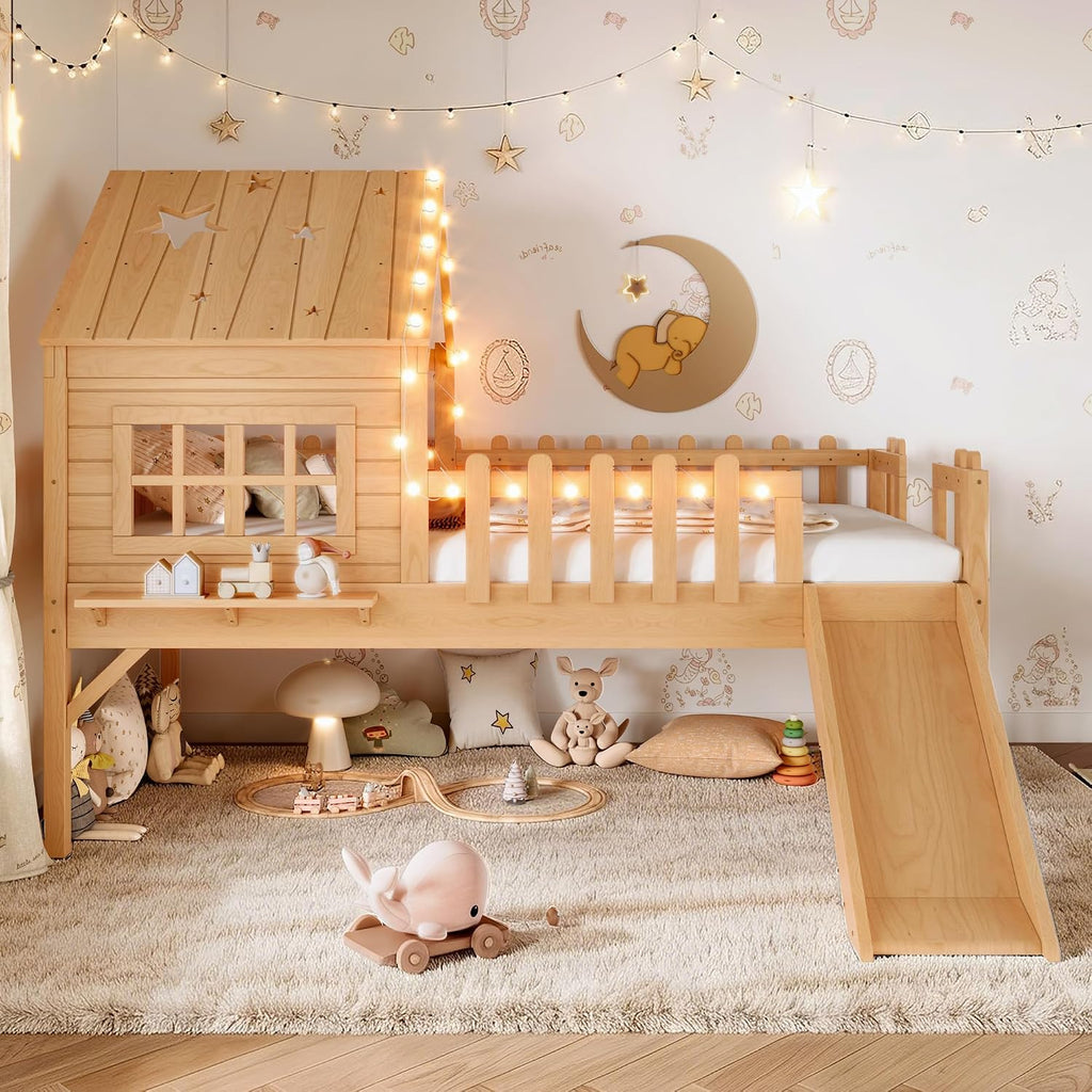 Twin Natural Playhouse Loft Bed with Slide