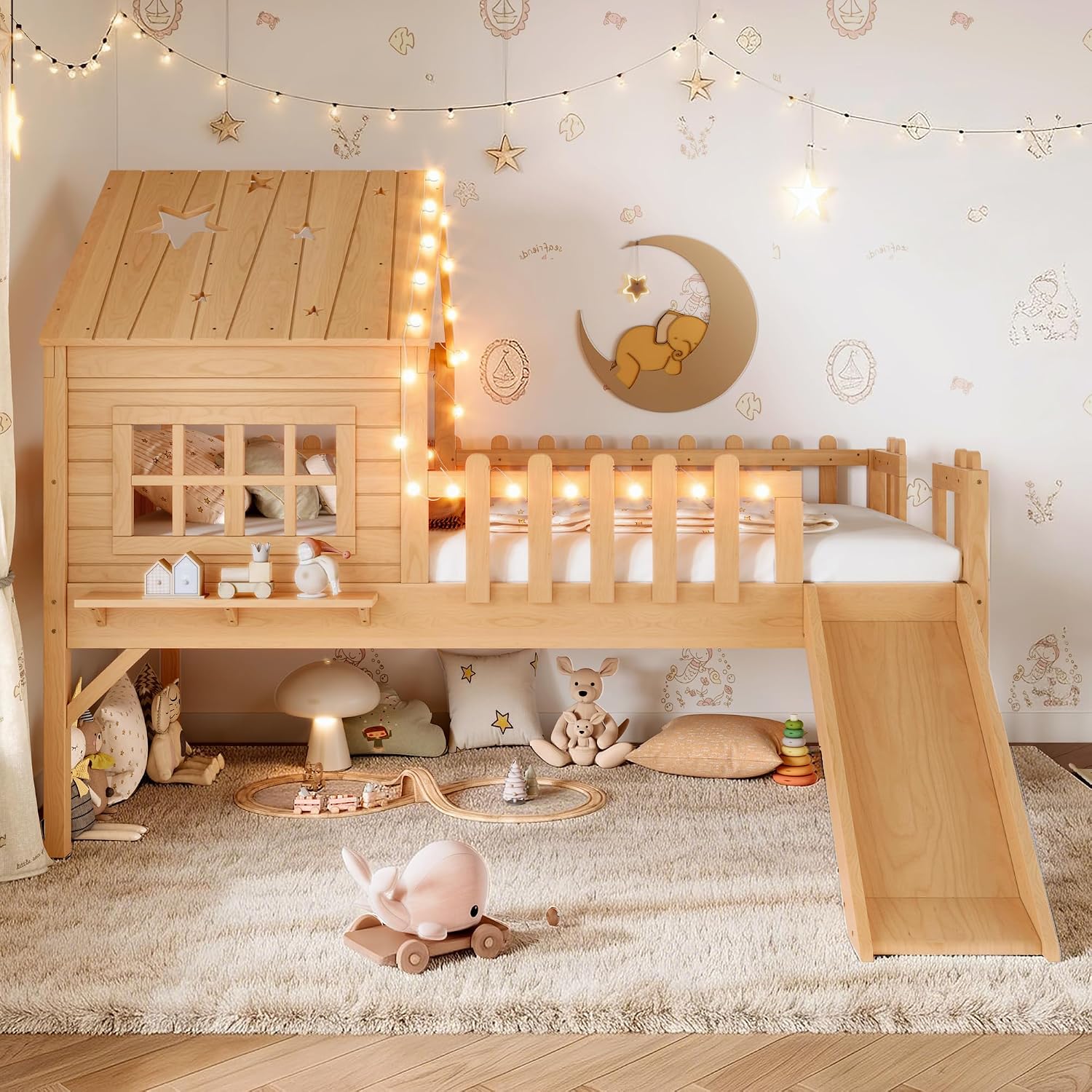 Twin Natural Playhouse Loft Bed with Slide