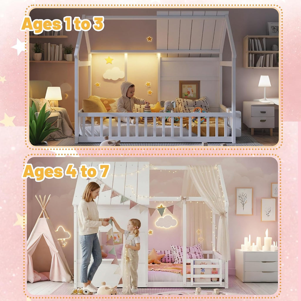 White Montessori House Bed With LED & Bookcase