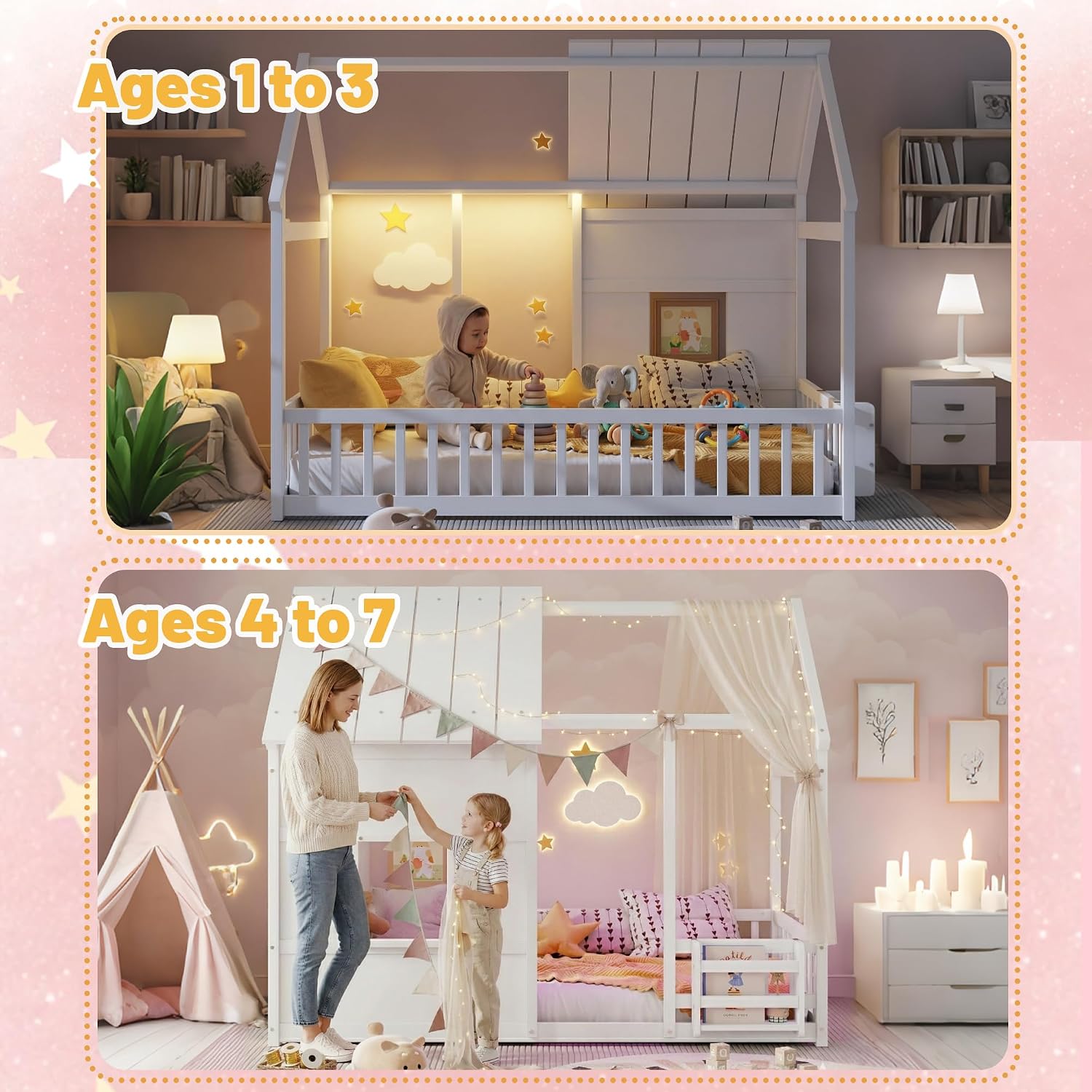 White Montessori House Bed With LED & Bookcase