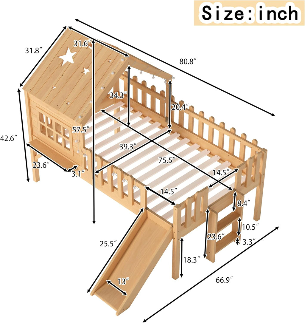 Twin Natural Playhouse Loft Bed with Slide