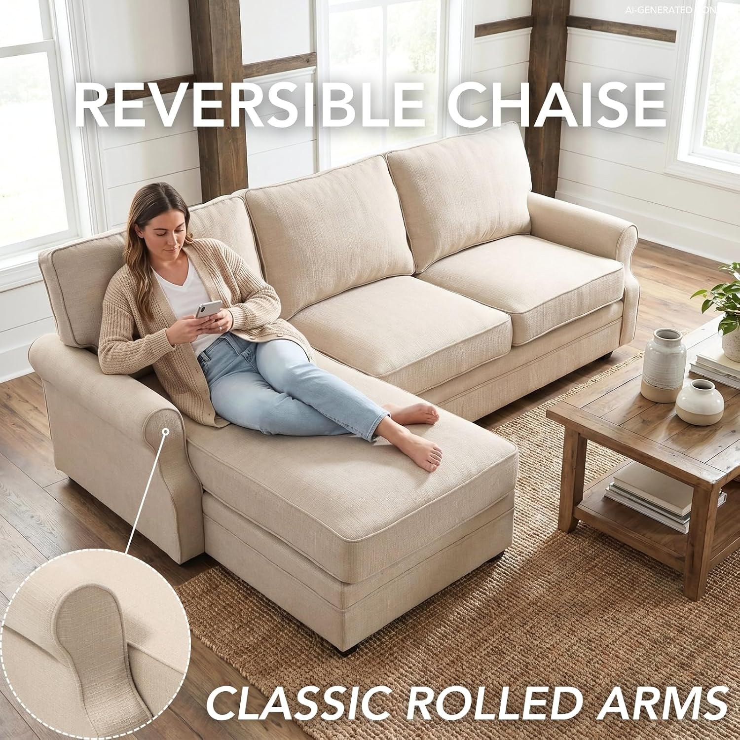 Beige L‑Shaped Farmhouse Sectional Sofa