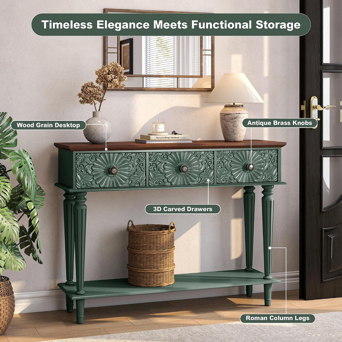 Green Floral‑Drawer Vintage Console Table