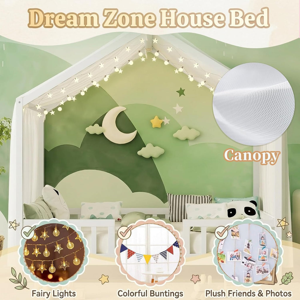 White Montessori House Bed with High Rails