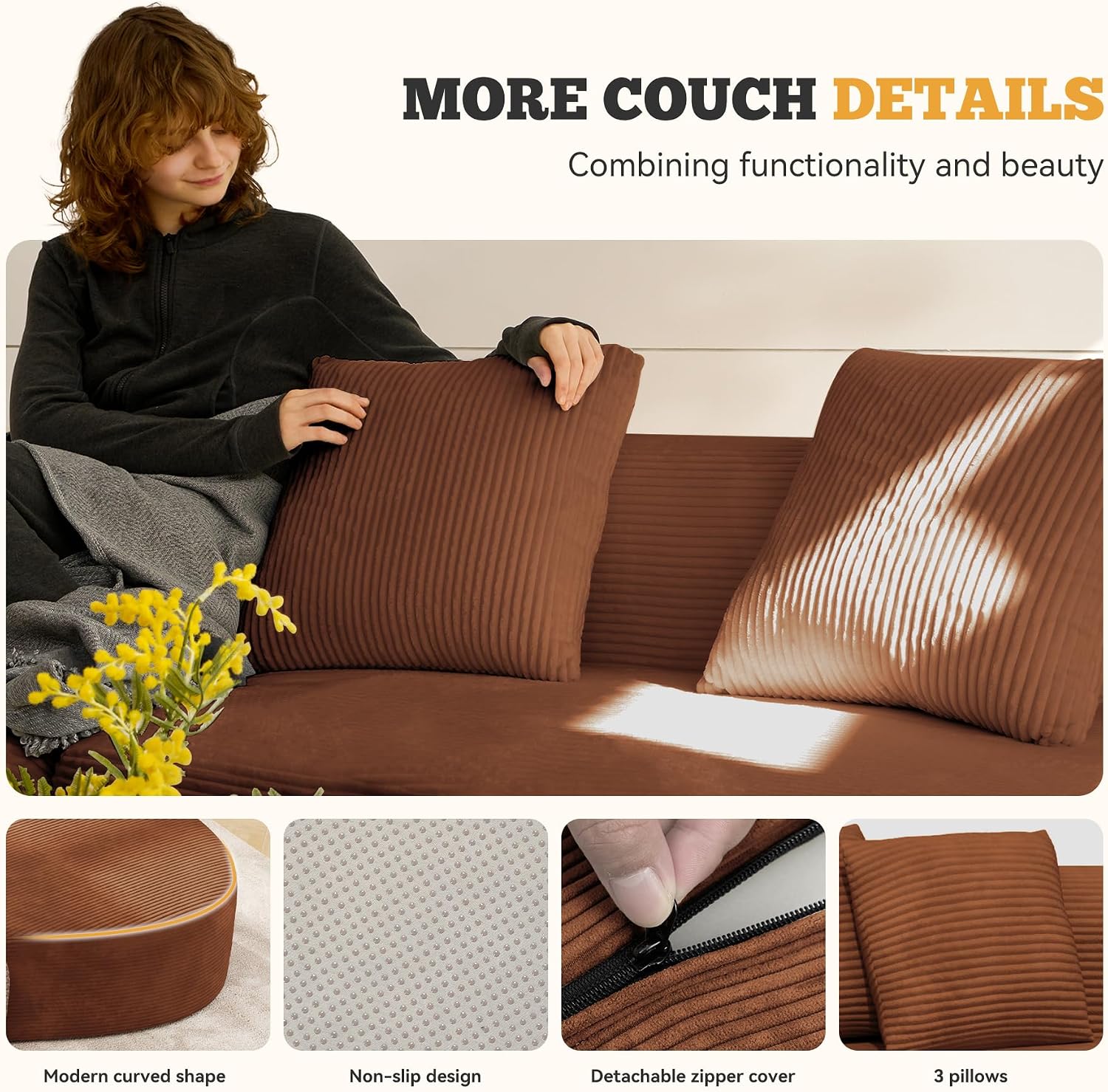 Brown Corduroy Curved Modular Cloud Sofa
