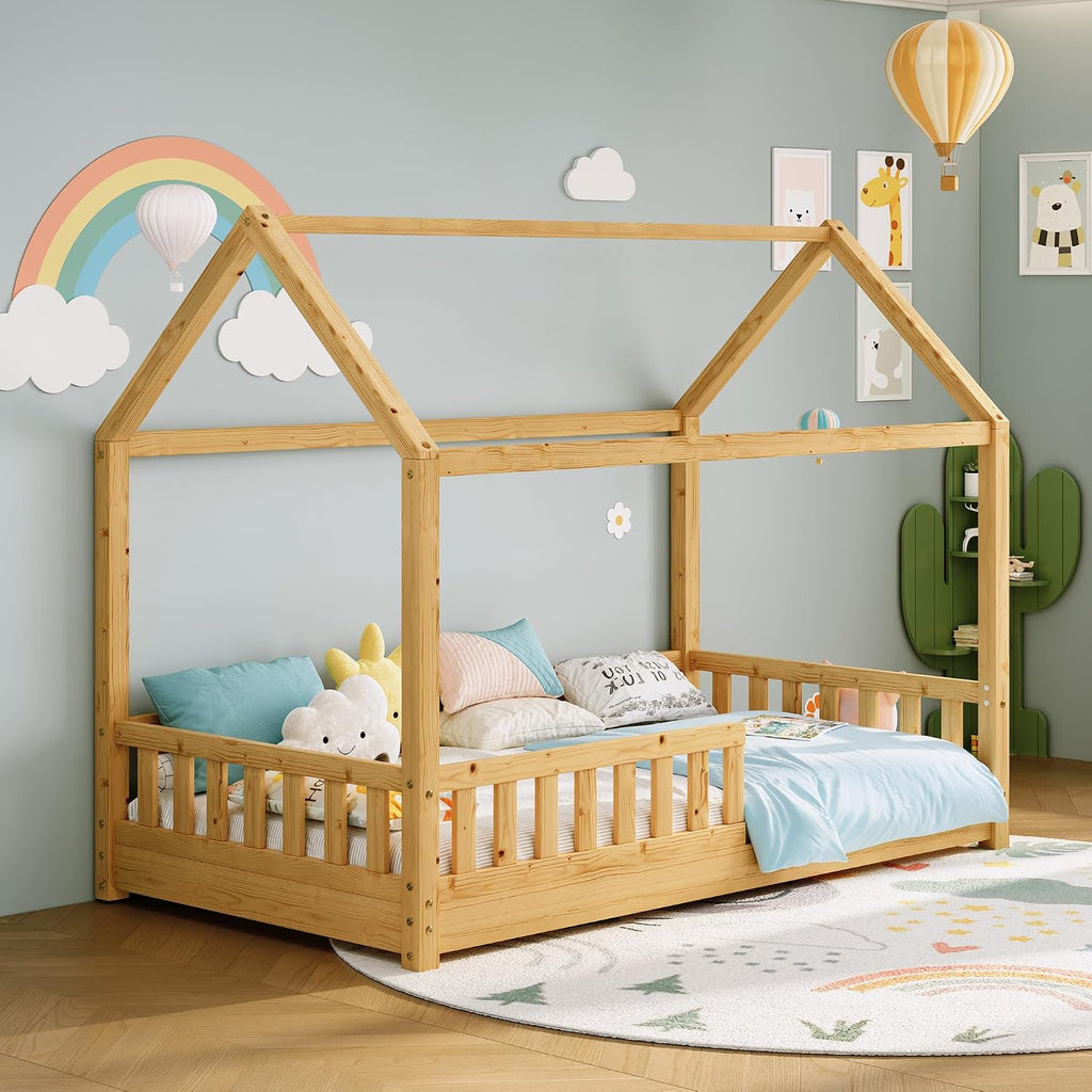 Solid Wood Twin House Bed with Guardrails