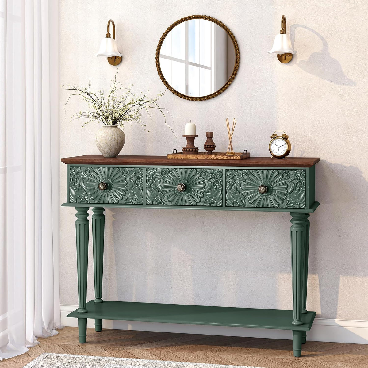 Green Floral‑Drawer Vintage Console Table