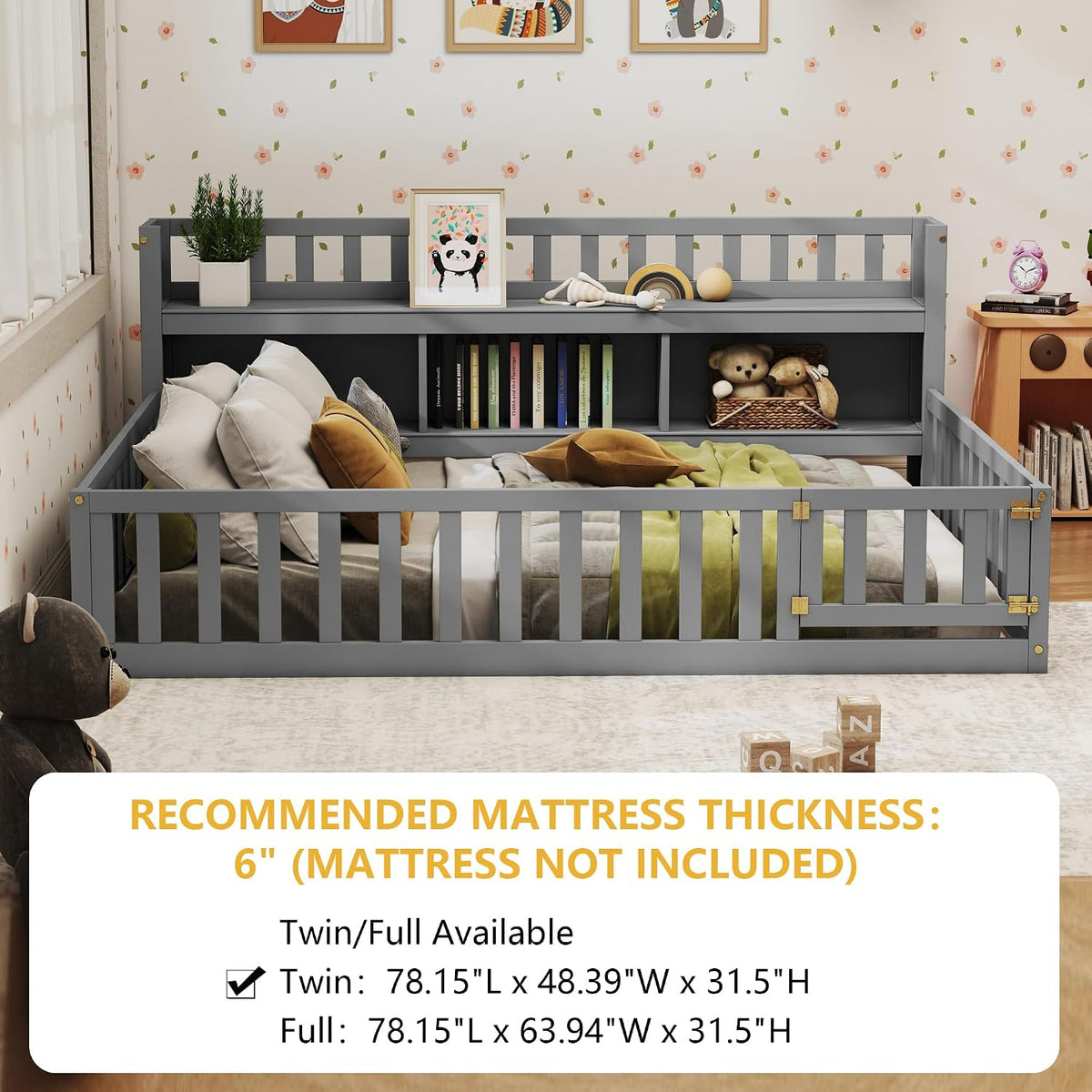 Grey Montessori Floor Bed with Storage