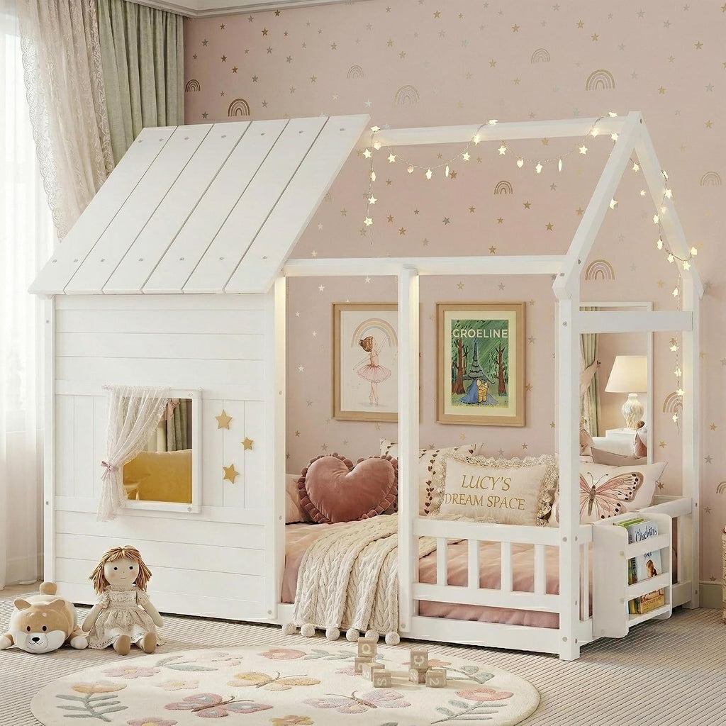 White Montessori House Bed With LED & Bookcase