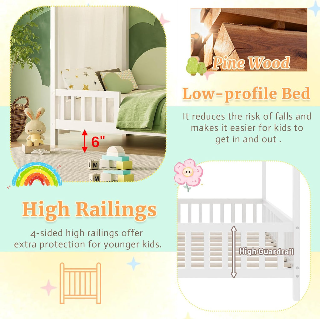 White Montessori House Bed with High Rails