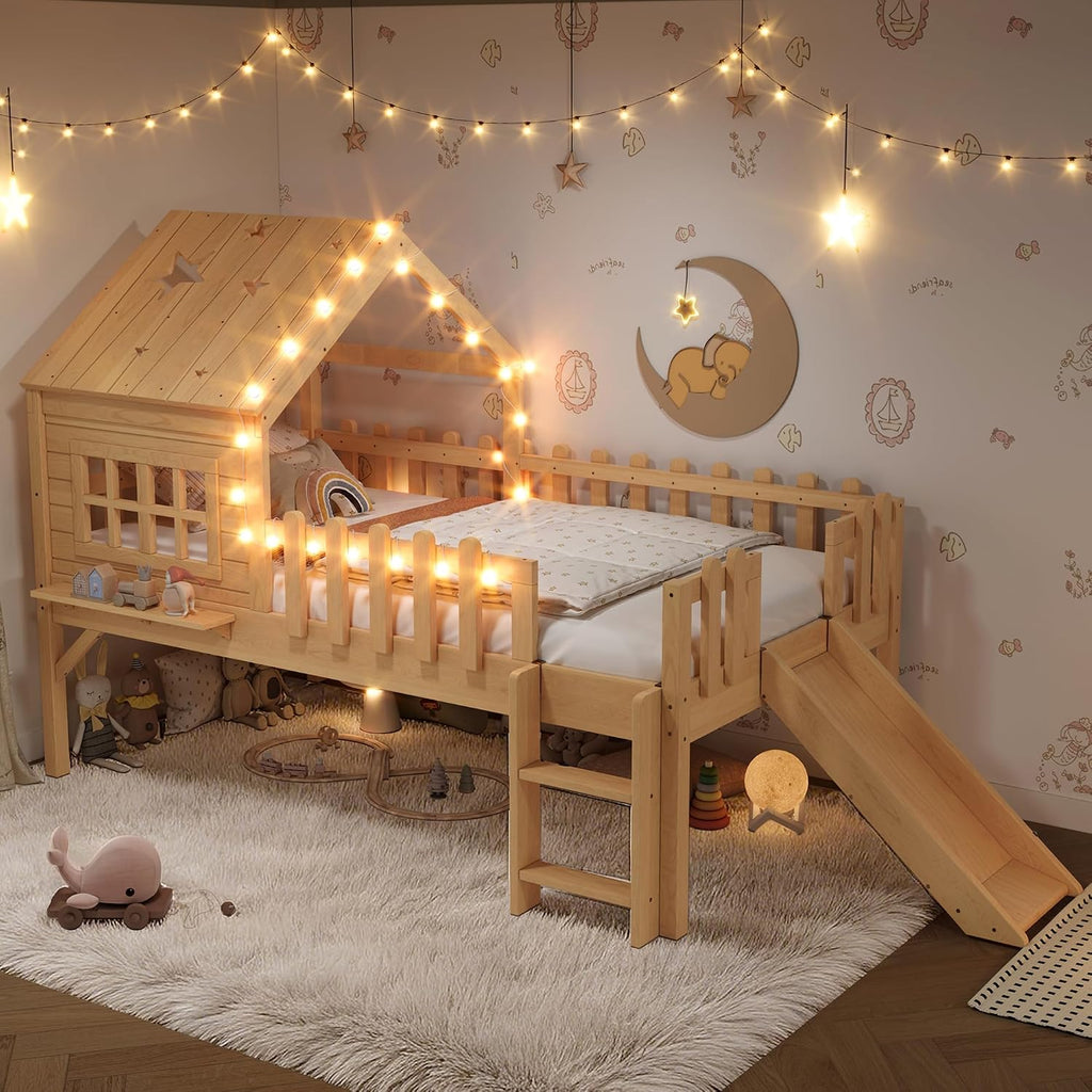 Twin Natural Playhouse Loft Bed with Slide