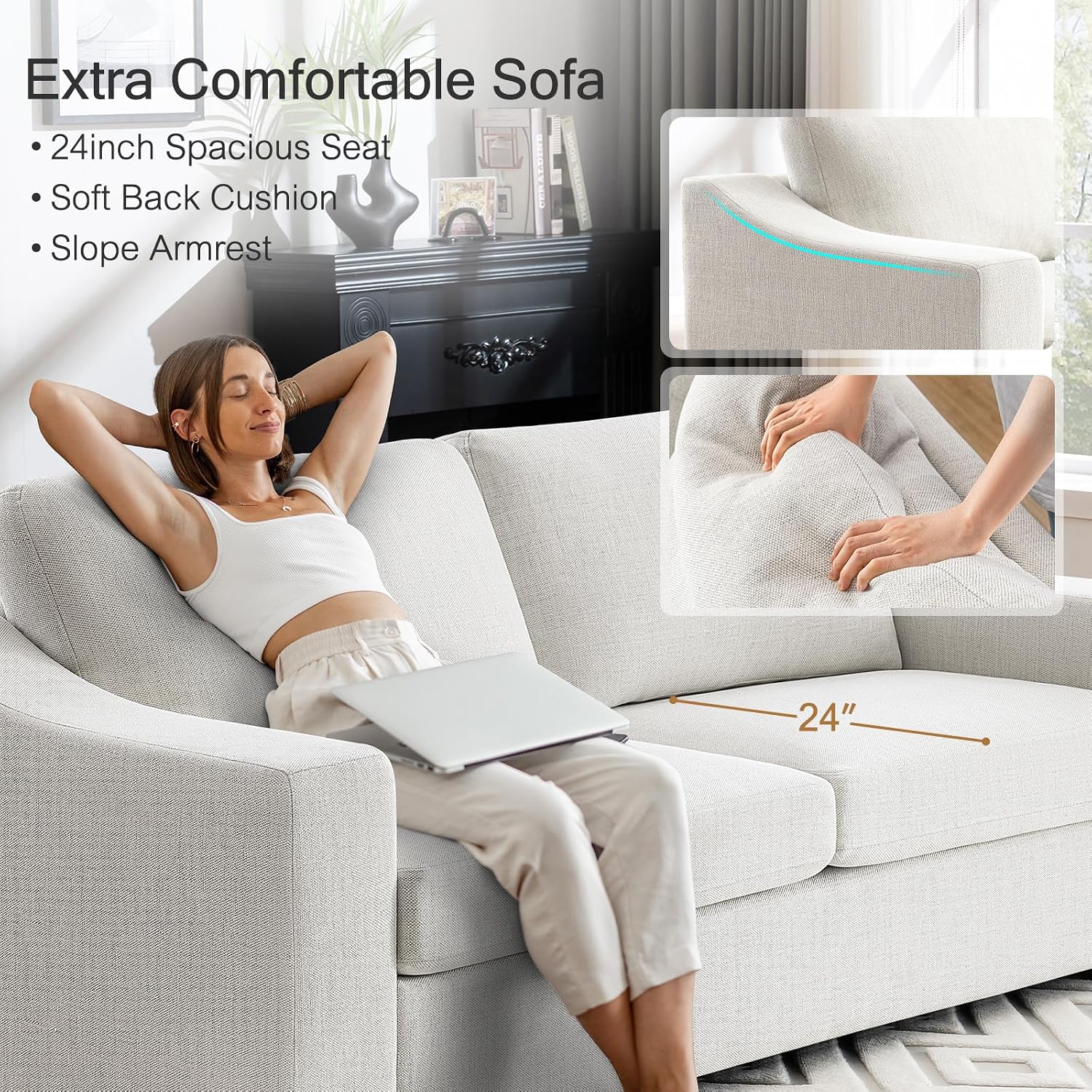 White Linen Oversized Deep‑Seat Sofa