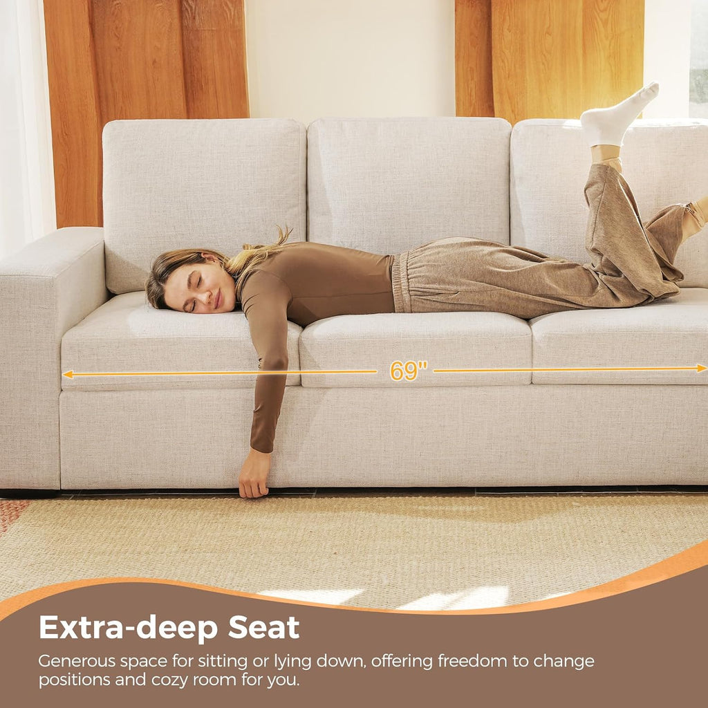 Beige Linen Deep‑Seat 3‑Seater Sofa