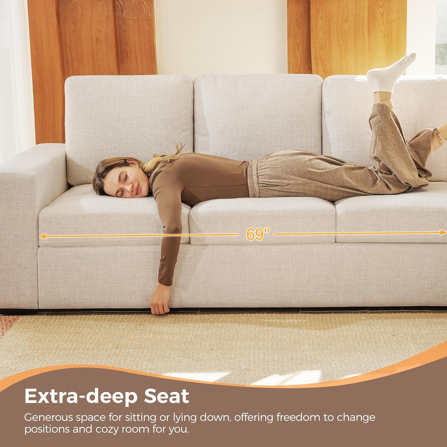 Beige Linen Deep‑Seat 3‑Seater Sofa