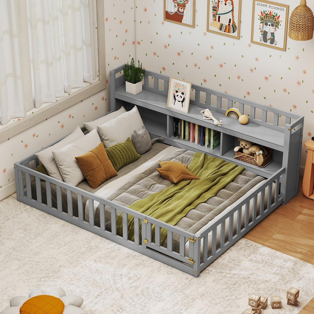 Grey Montessori Floor Bed with Storage