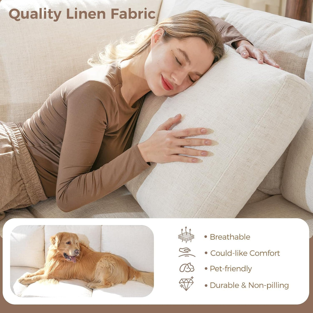 Beige Linen Deep‑Seat 3‑Seater Sofa
