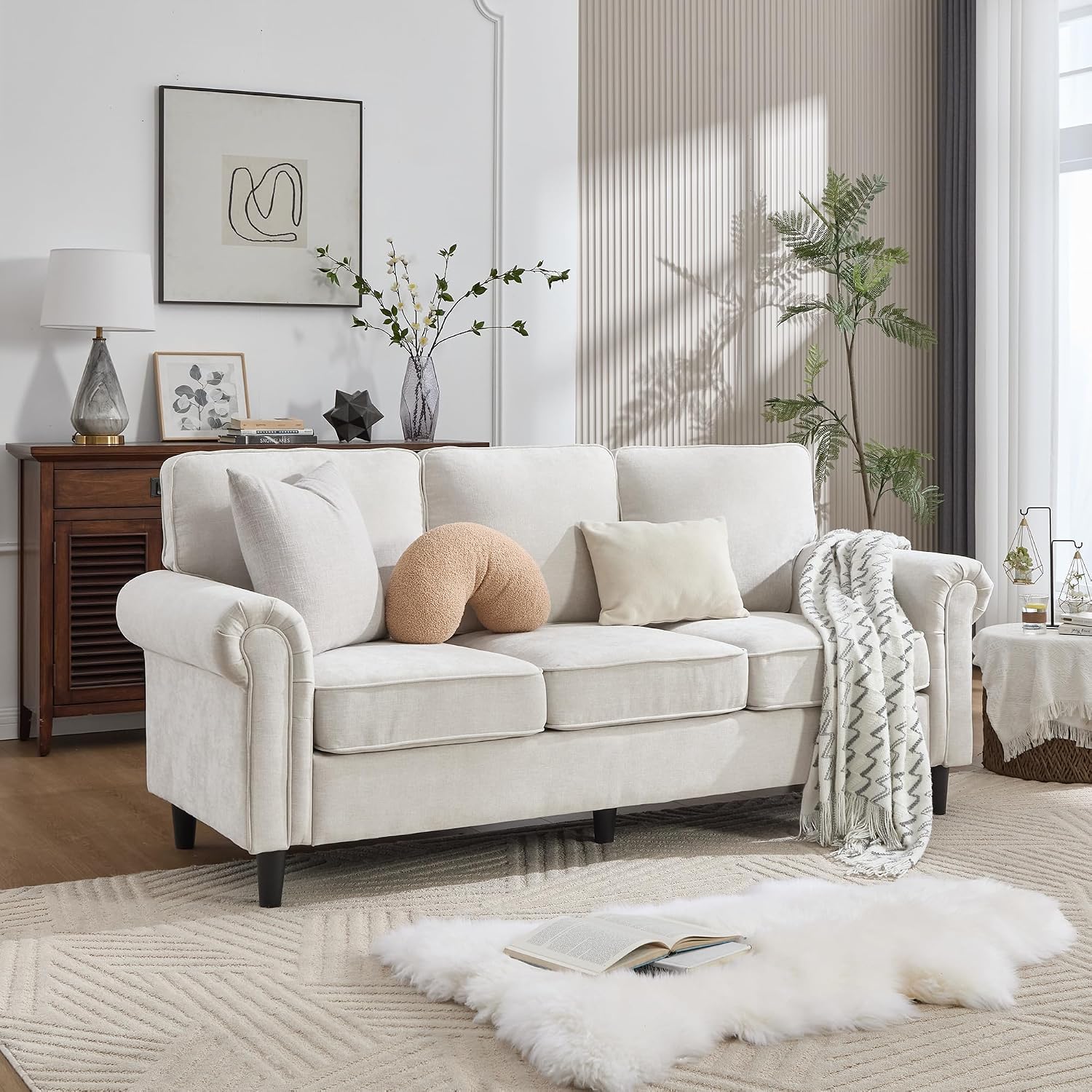 Beige Mid‑Century Modern 3‑Seater Sofa