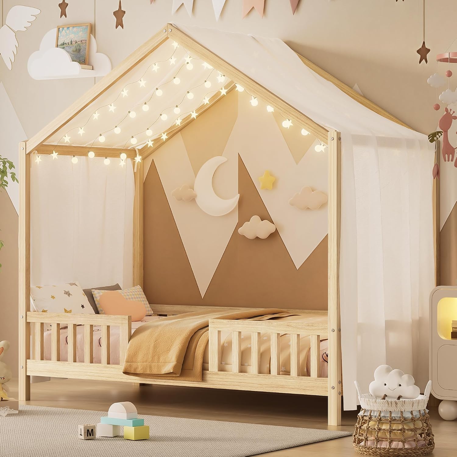 Twin Montessori Canopy House Bed, Natural