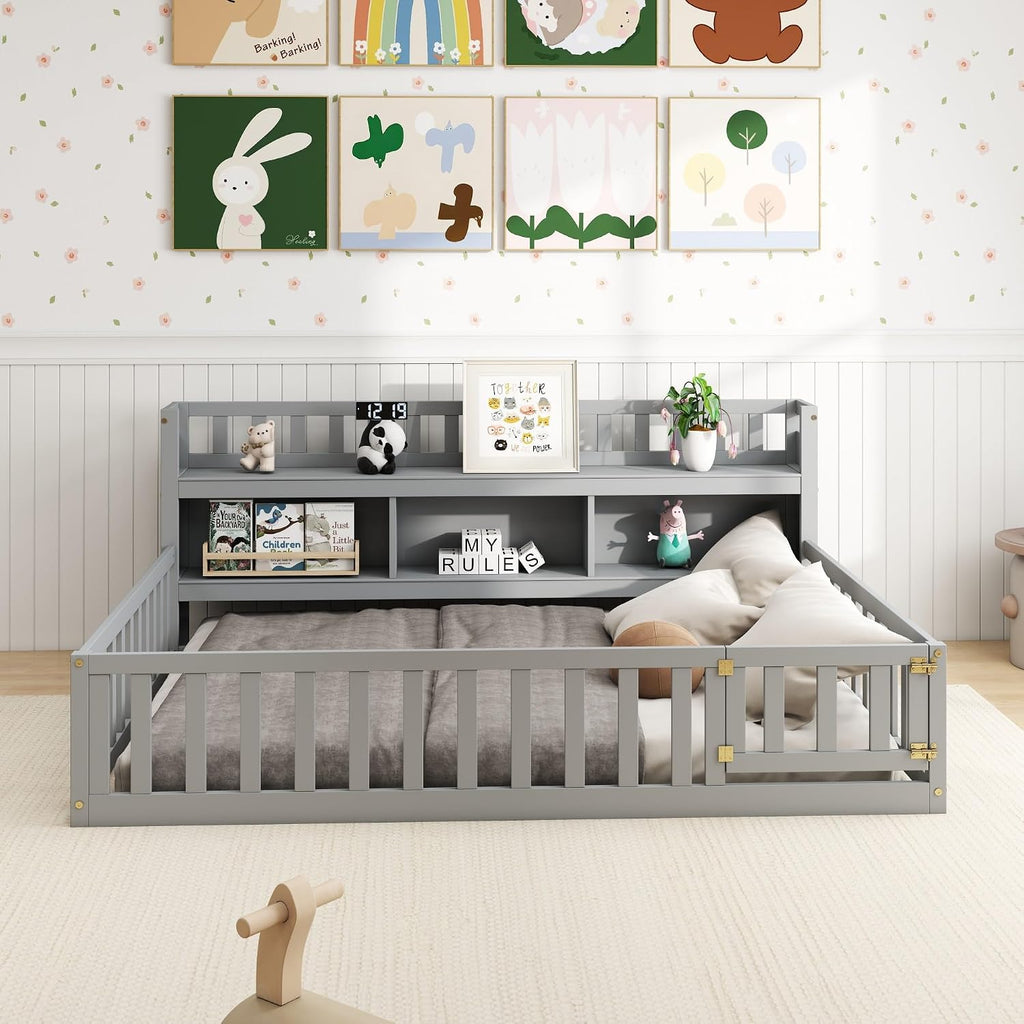 Montessori Floor Bed with Bookcase, Grey