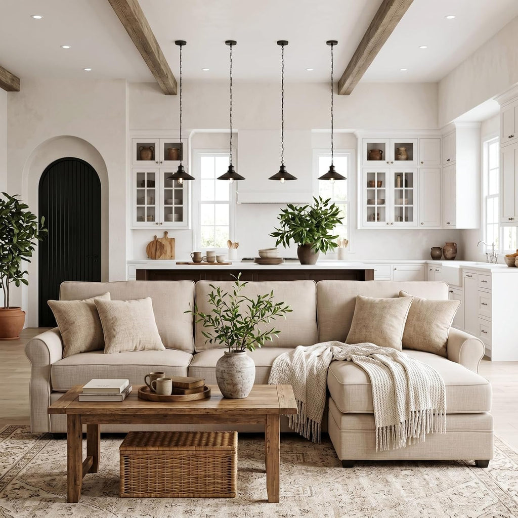 Beige L‑Shaped Farmhouse Sectional Sofa