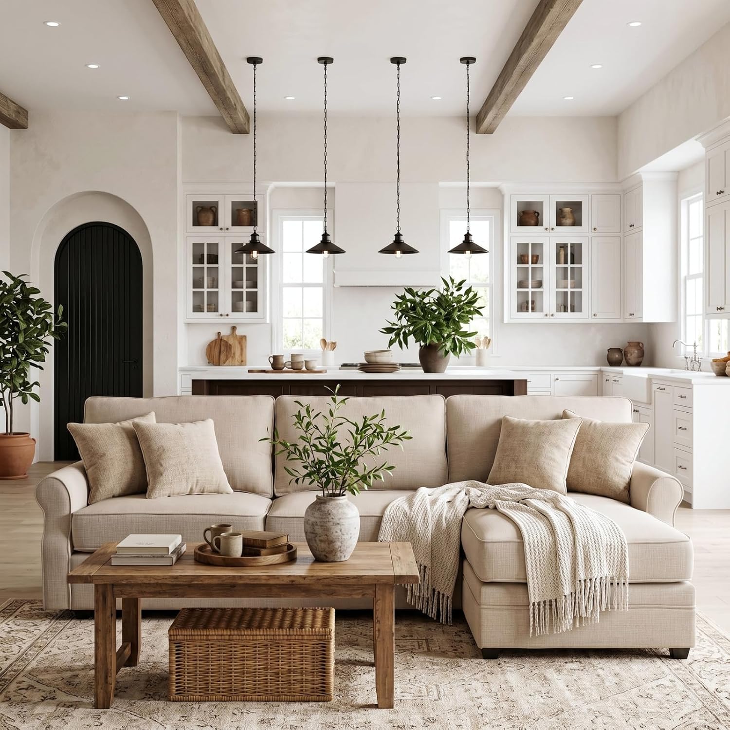 Beige L‑Shaped Farmhouse Sectional Sofa