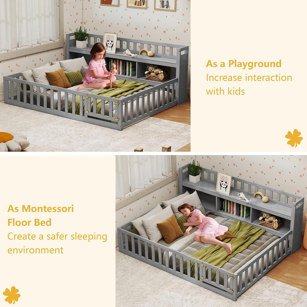 Grey Montessori Floor Bed with Storage