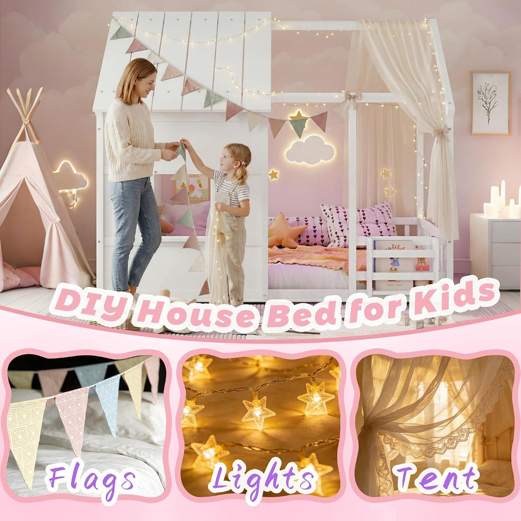 White Montessori House Bed With LED & Bookcase