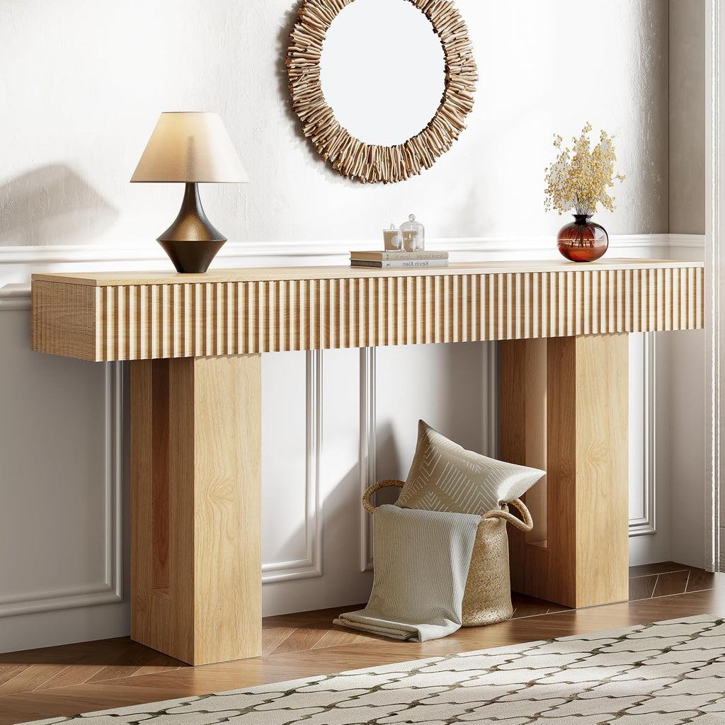 Fluted Oak Farmhouse Entryway Console Table