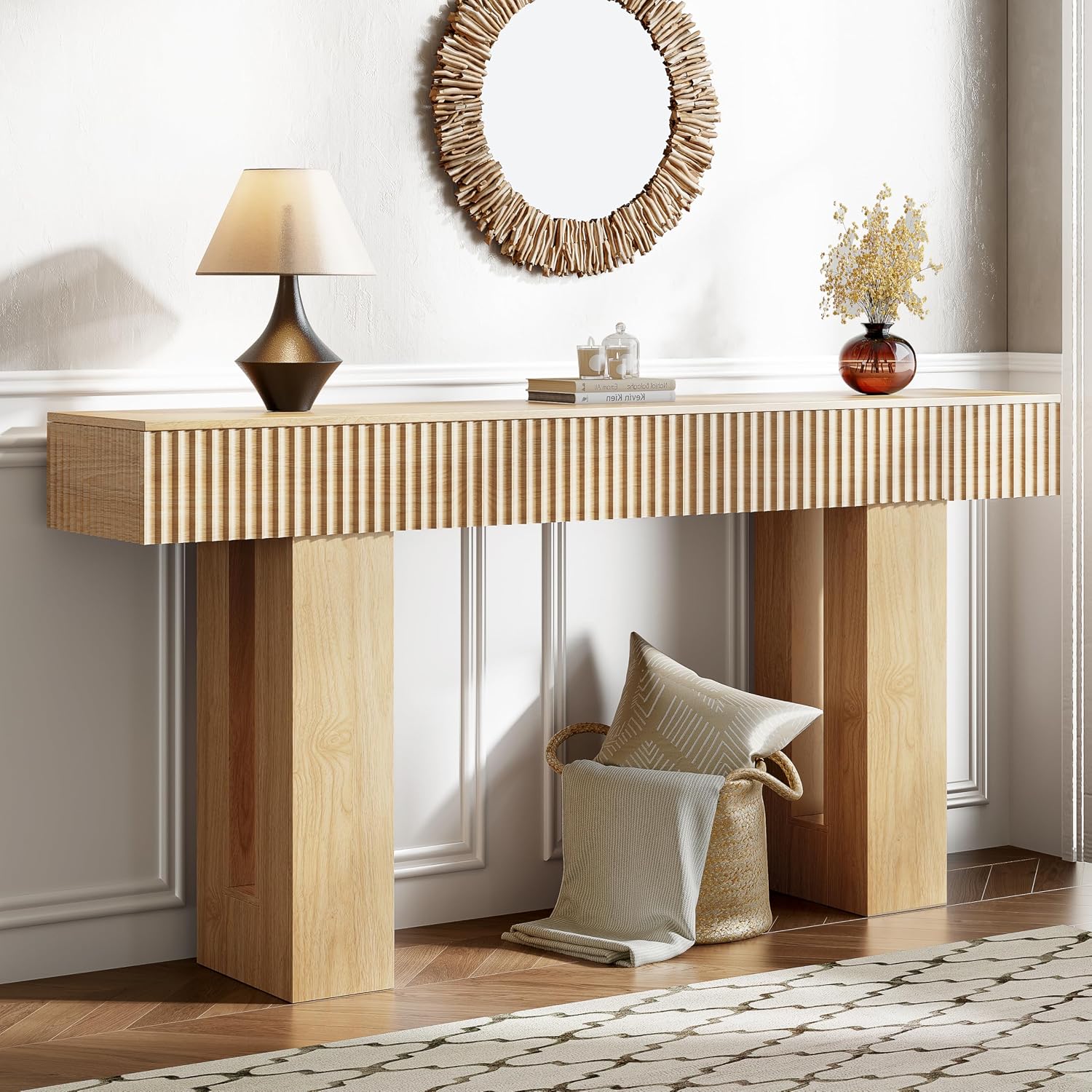 Fluted Oak Farmhouse Entryway Console Table