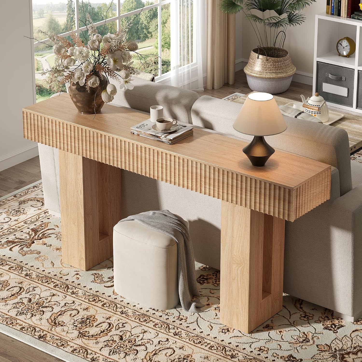 Fluted Oak Farmhouse Entryway Console Table