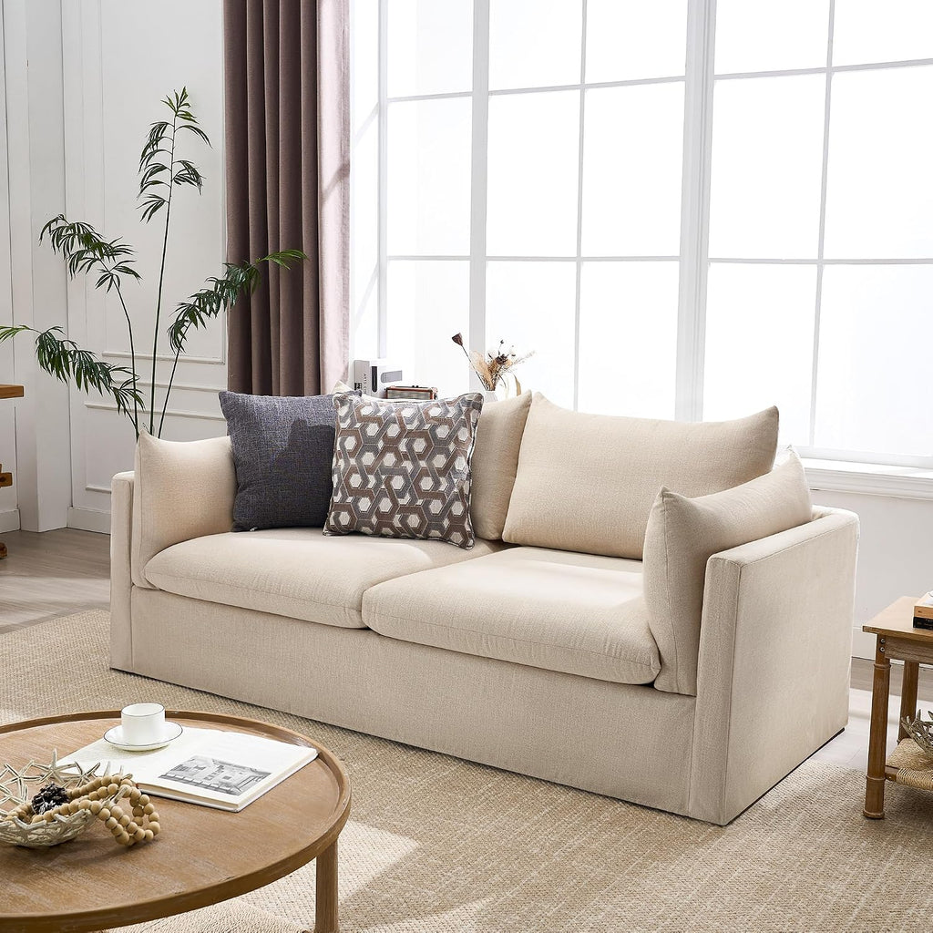 Beige Linen Slipcovered 3‑Seater Sofa