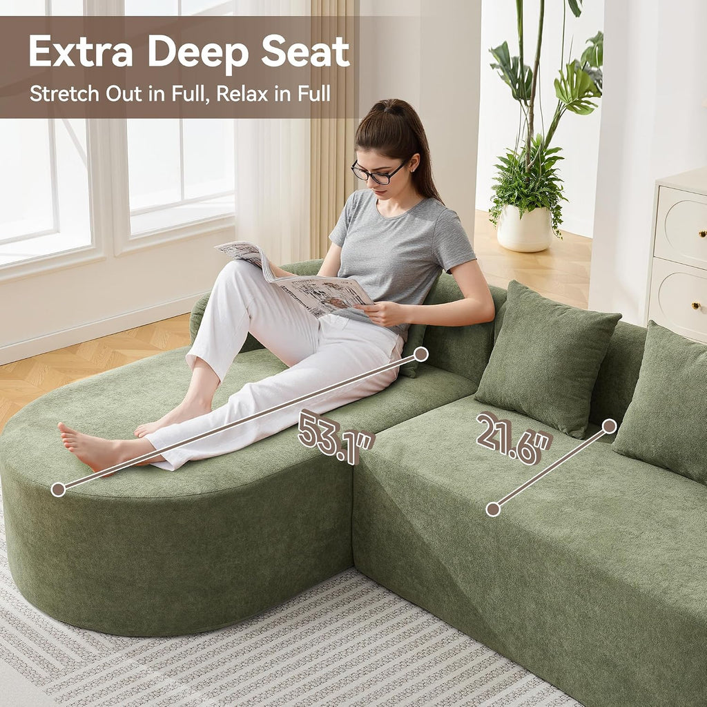 Green Curved L‑Shaped Cloud Sectional Sofa