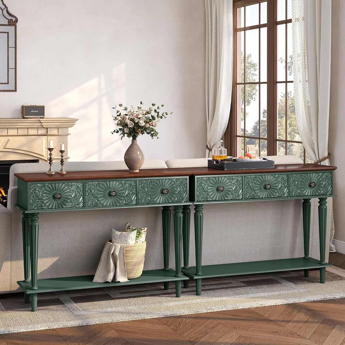 Green Floral‑Drawer Vintage Console Table